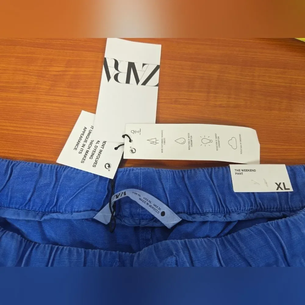 NEW ZARA THE WEEKEND PANT BLUE sz XL LINEN BLEND COASTAL NAUTICAL BEACH PULL ON